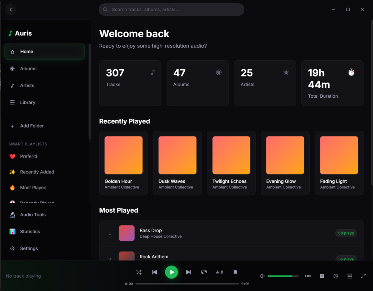 Auris Music Player Interface - Modern Hi-Res Audio Player for Windows showing library view with album grid